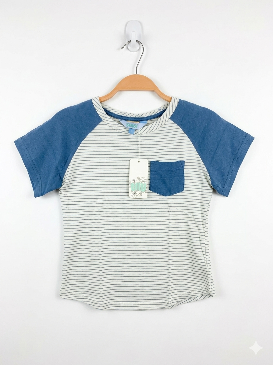 Tilii Boys Cream & Navy Striped Raglan Pocket Tee - Size Estimated Age 9 Years AB1