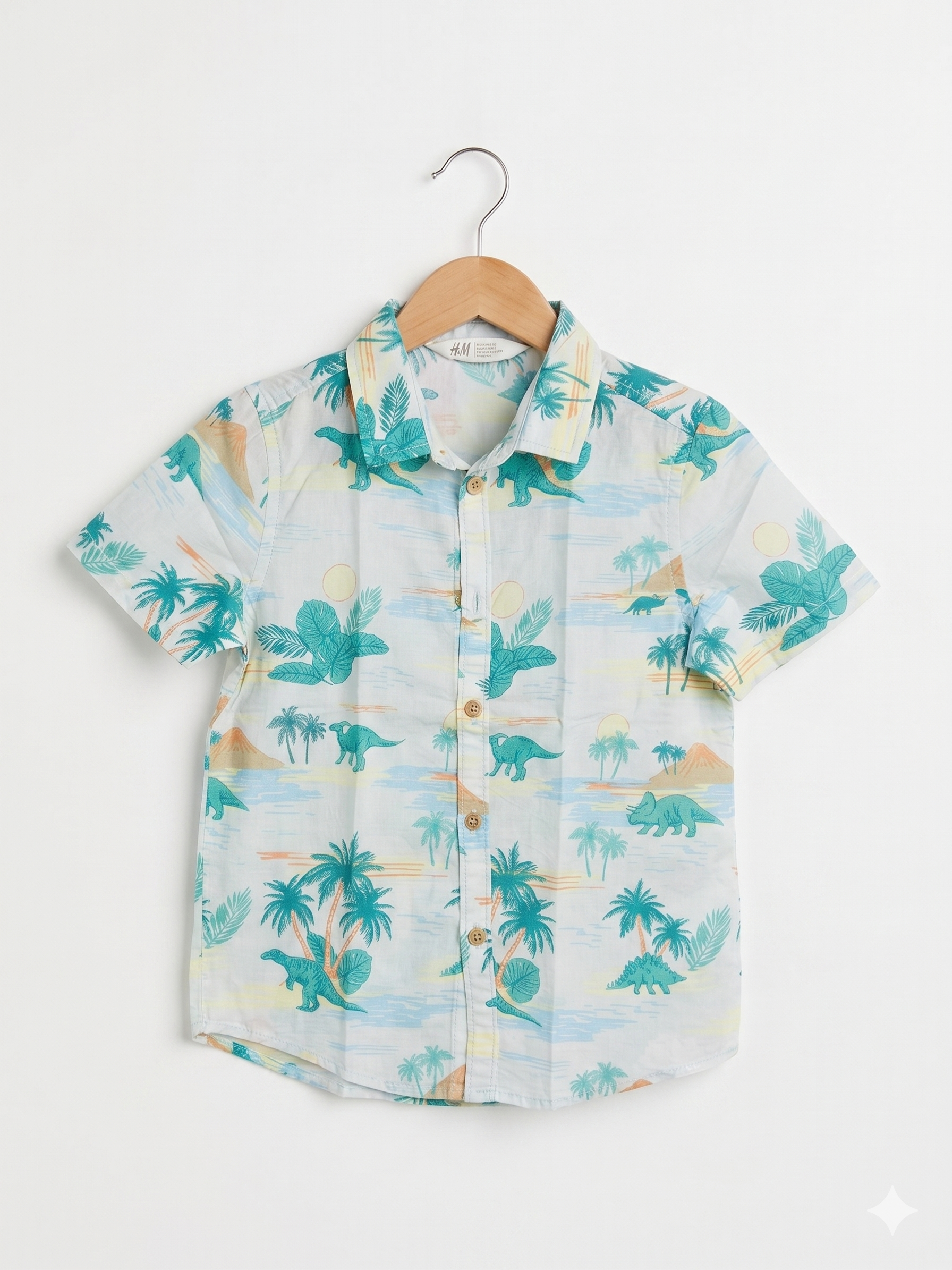 H&M Boys Tropical Dinosaur Island Short Sleeve Button-Down Shirt - Size 4-5Y AB1