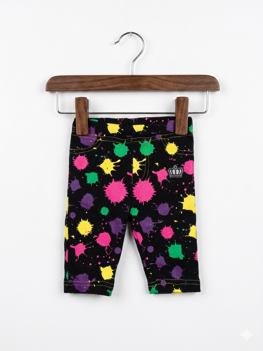 Baby girls white leggings by Carter's with a colorful pink and blue floral pattern throughout, size 9 months, displayed on a pink hanger.