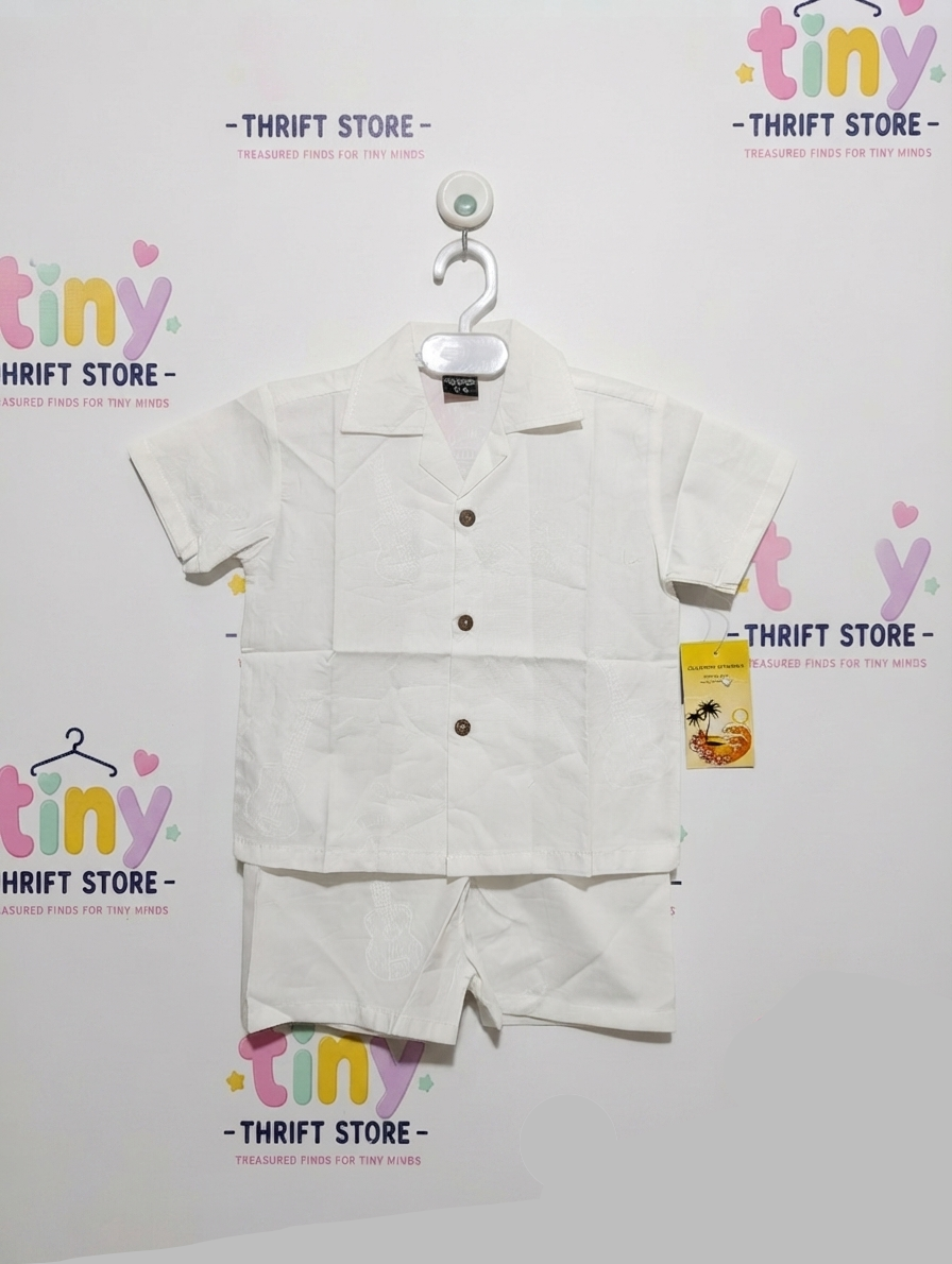 Favant Boys Solid White "Ukulele" Short Sleeve Button-Down Shirt and Shorts Set - Size Estimated Age 3-4 Years AB2