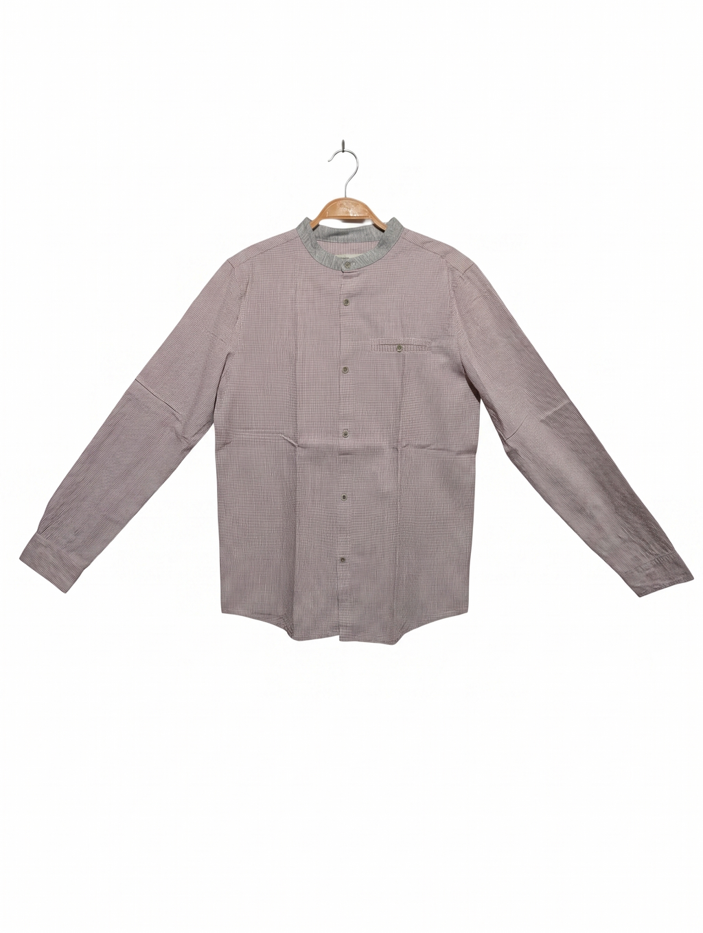 Zara Boys Pink & White Gingham Micro-Check Long Sleeve Mandarin Collar Shirt - Size Estimated Age 13-14 Years AB1