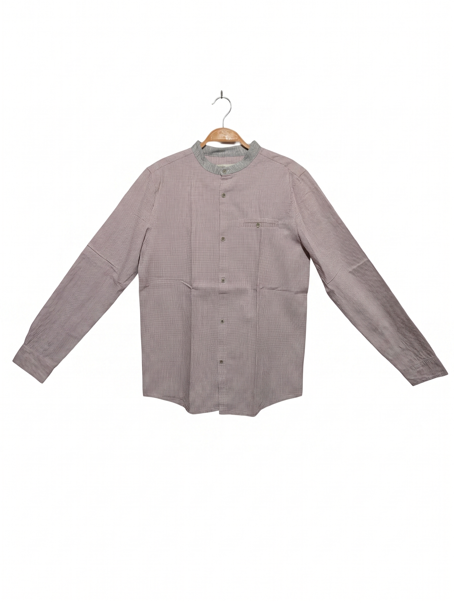 Zara Boys Pink & White Gingham Micro-Check Long Sleeve Mandarin Collar Shirt - Size Estimated Age 13-14 Years AB1