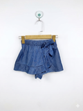 SHEIN Girls Medium Wash Chambray Ruffle Trim Shorts with Side Bow - Size Estimated Age 9 Years AB1