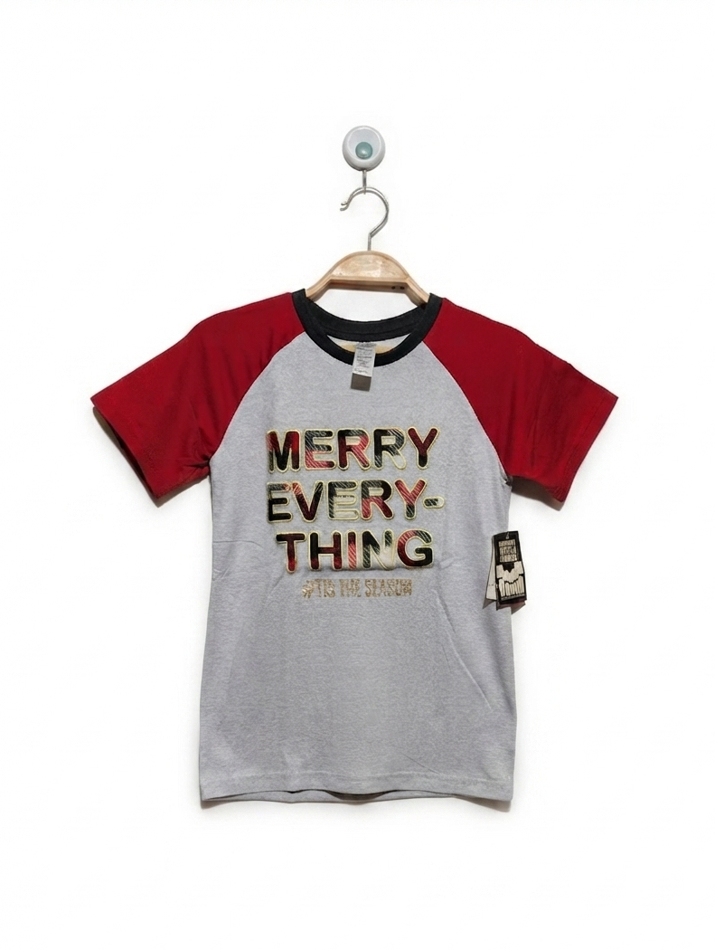 George Girls Heather Grey "Merry Everything" Short Sleeve Raglan Tee - Size M (7-8) Estimated Age 7-8 Years AB2