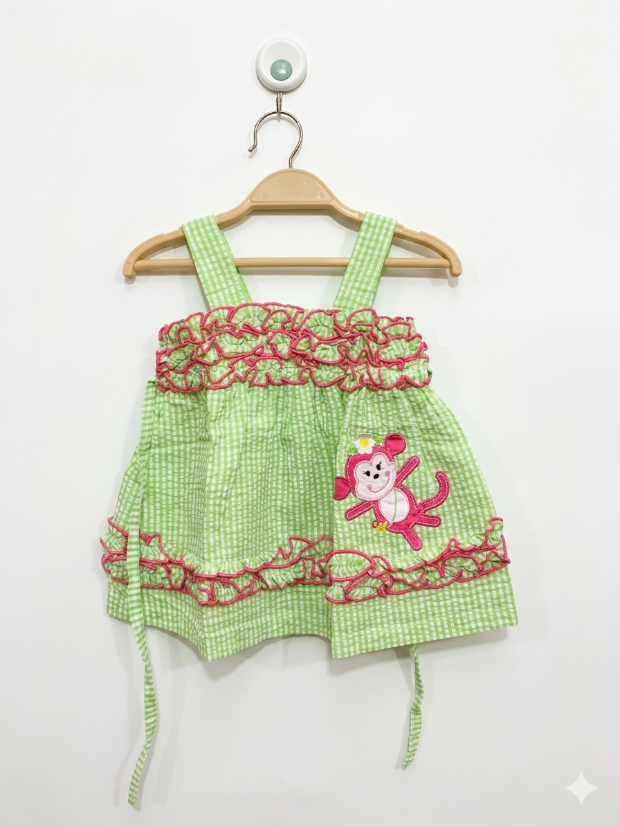 Rare Editions Baby Girls Lime Green & Pink Gingham Seersucker Dress with Monkey Applique – Size 3/6M AB1