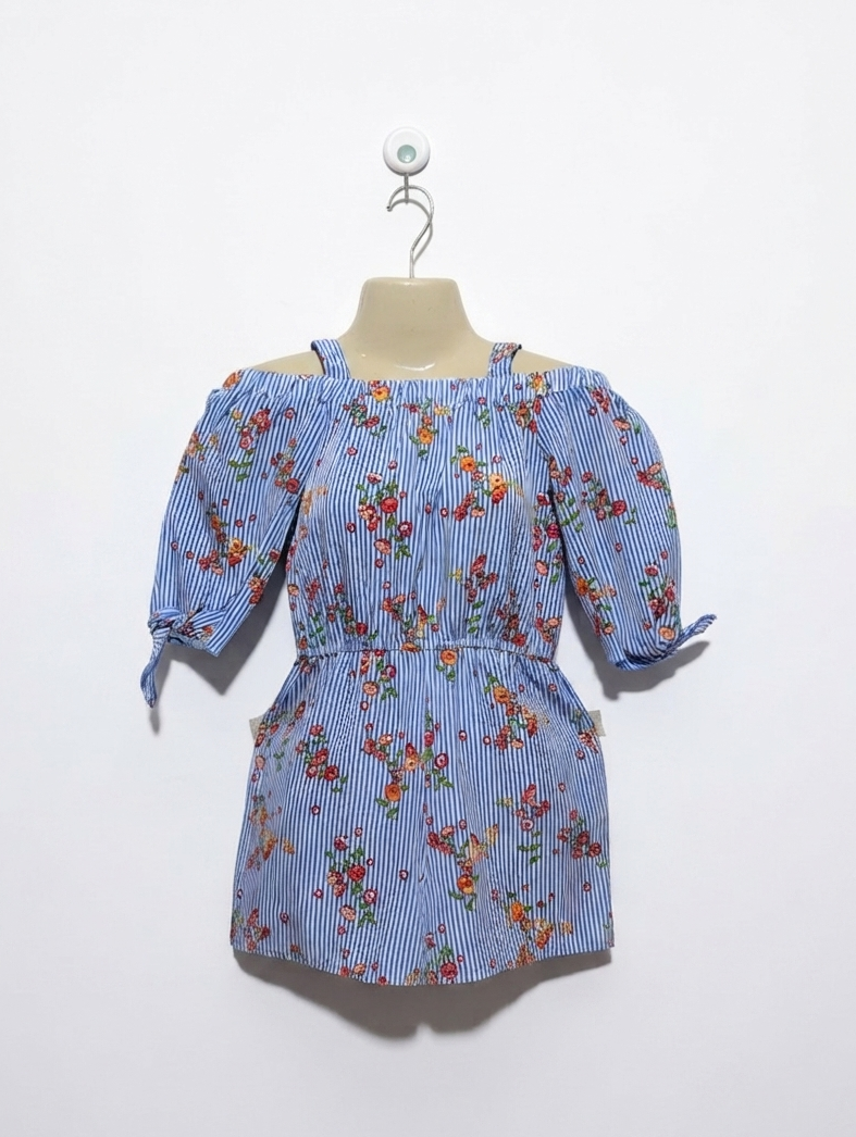 Jenna & Jessie Girls Blue Striped Floral Off-Shoulder Jumpsuit - Size 8 (Estimated Age 8 Years) AB2