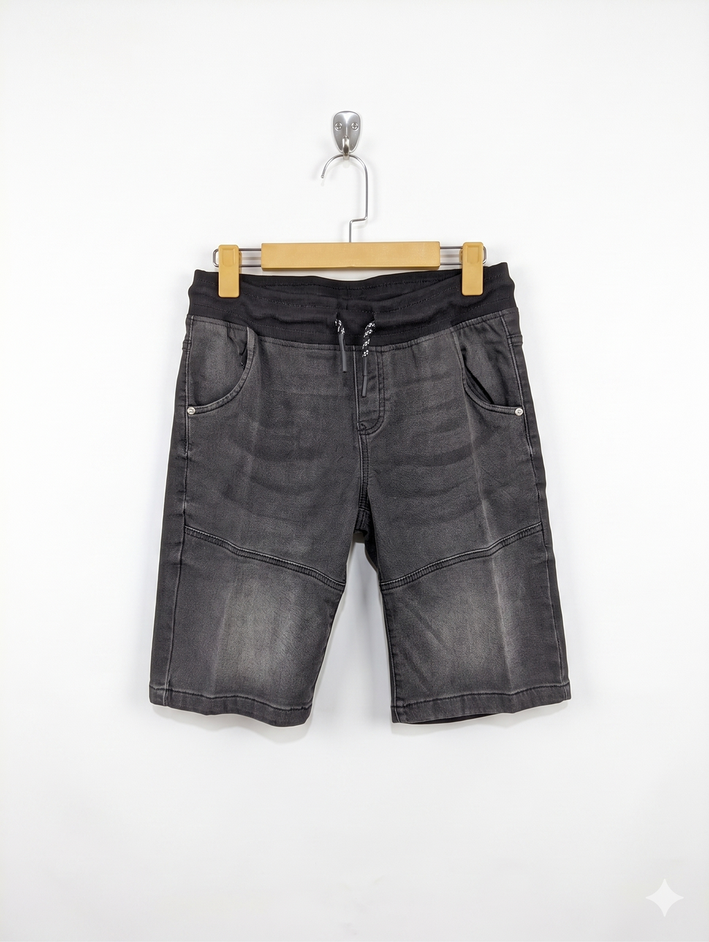 Chapter Young Boys Washed Black Knit-Waist Denim Shorts - Size 164 Estimated Age 13-14 Years AB1