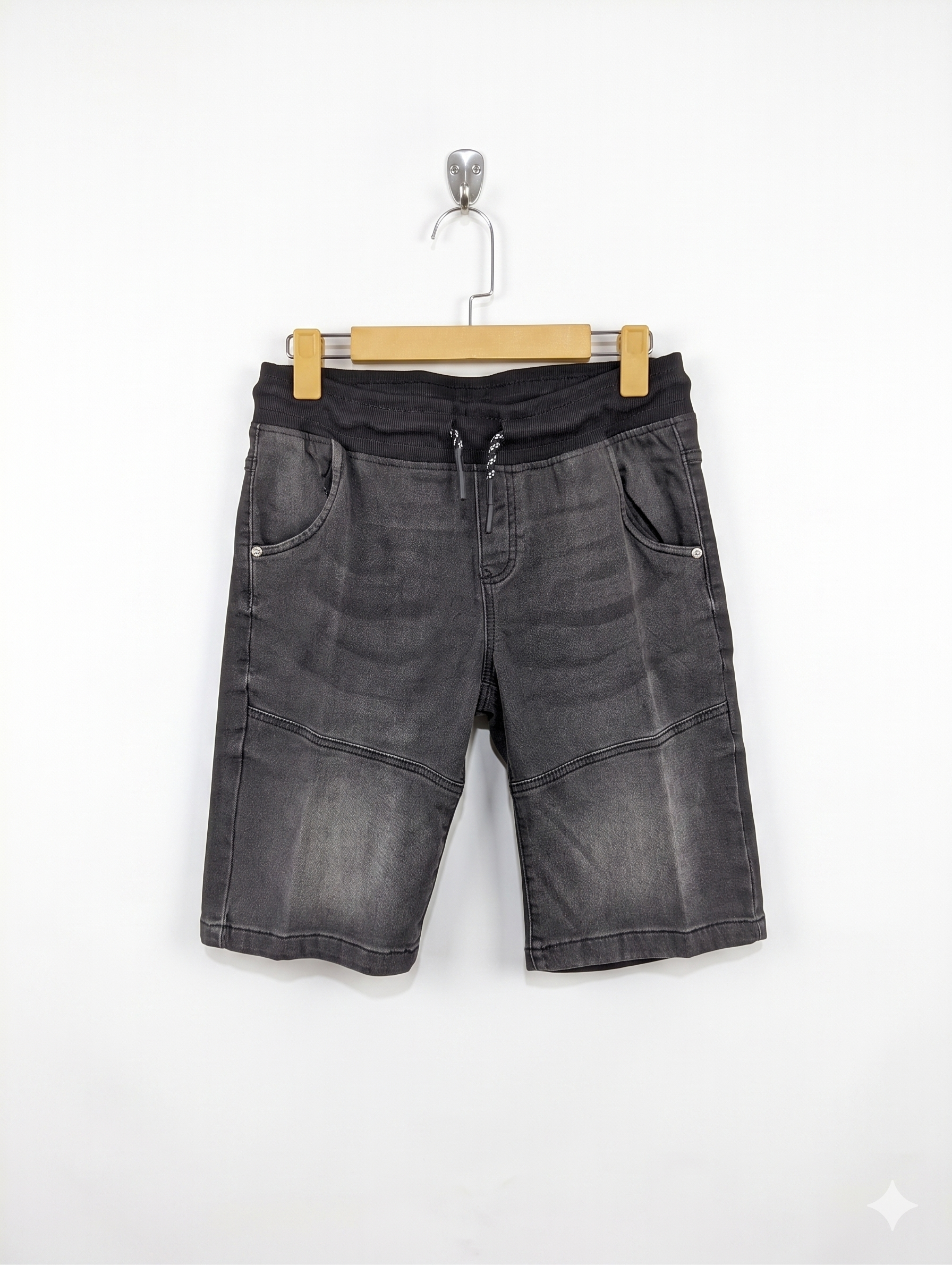 Chapter Young Boys Washed Black Knit-Waist Denim Shorts - Size 164 Estimated Age 13-14 Years AB1