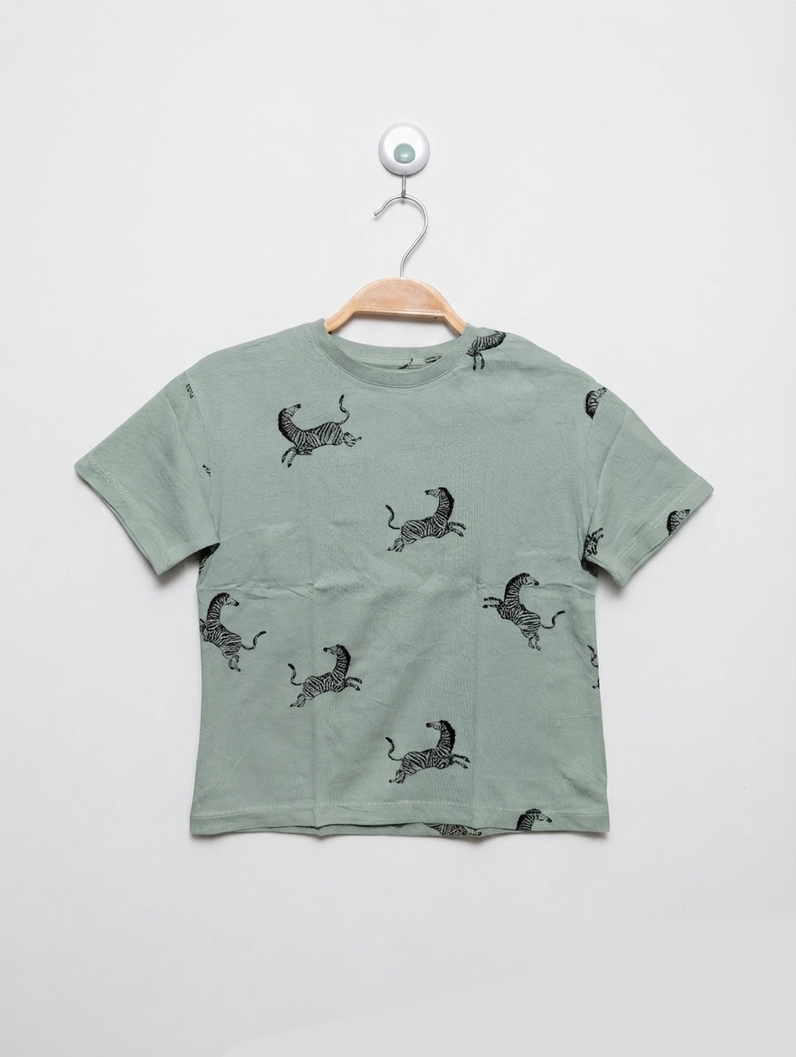 Kiabi Boys Sage Green "Wild Zebra" Print Tee - Size 114-119 CM (Estimated Age 6 Years) AB2