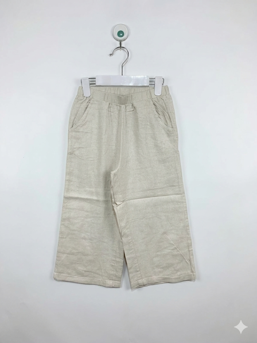 OZKIZ Girls' Beige Linen-Blend Wide-Leg Trousers - Size 7-8 Years AB1