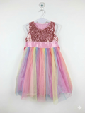 Girls Pink Sequin Bodice Rainbow Tulle Party Dress - Size Estimated Age 8 Years AB1
