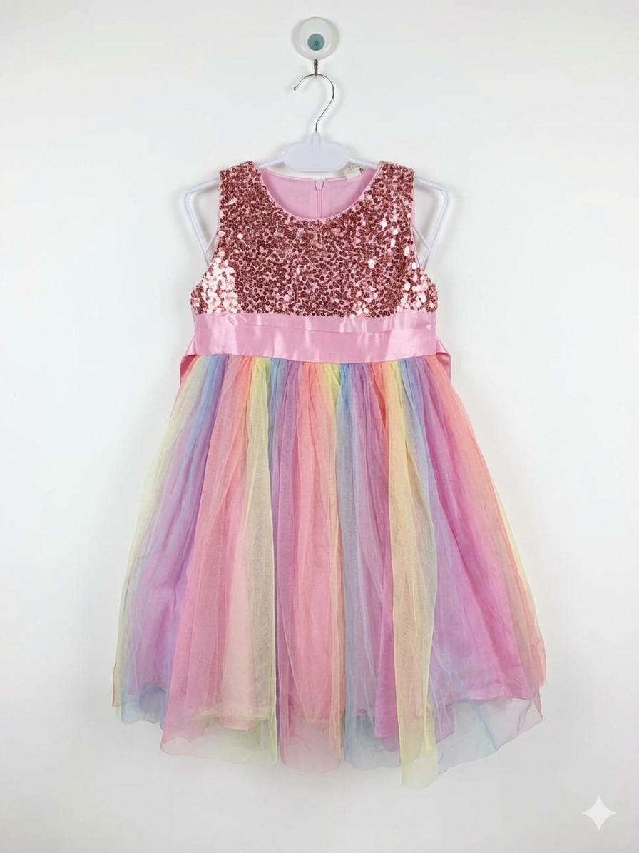 Girls Pink Sequin Bodice Rainbow Tulle Party Dress - Size Estimated Age 8 Years AB1