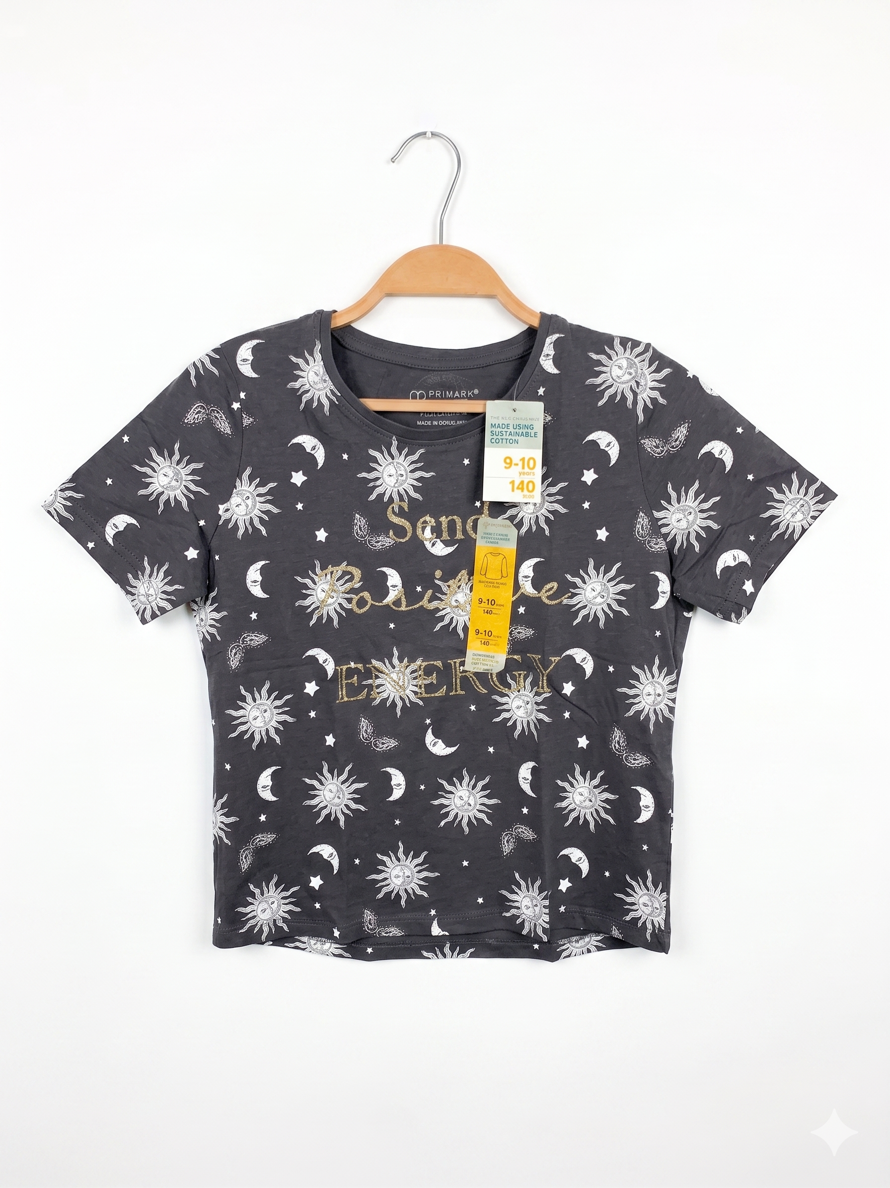 Primark Girls Charcoal Grey Celestial "Sun & Moon" Graphic Tee - Size Estimated Age 9-10 Years AB1