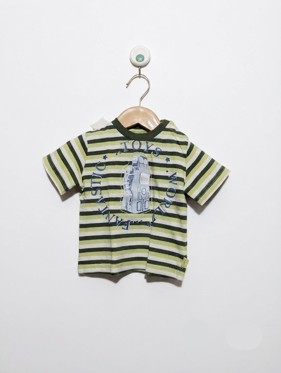 ZA Baby Boys Green & White Striped "Toys World" Graphic Short Sleeve Tee - Size 6-12M Estimated Age 6-12 Months AB2