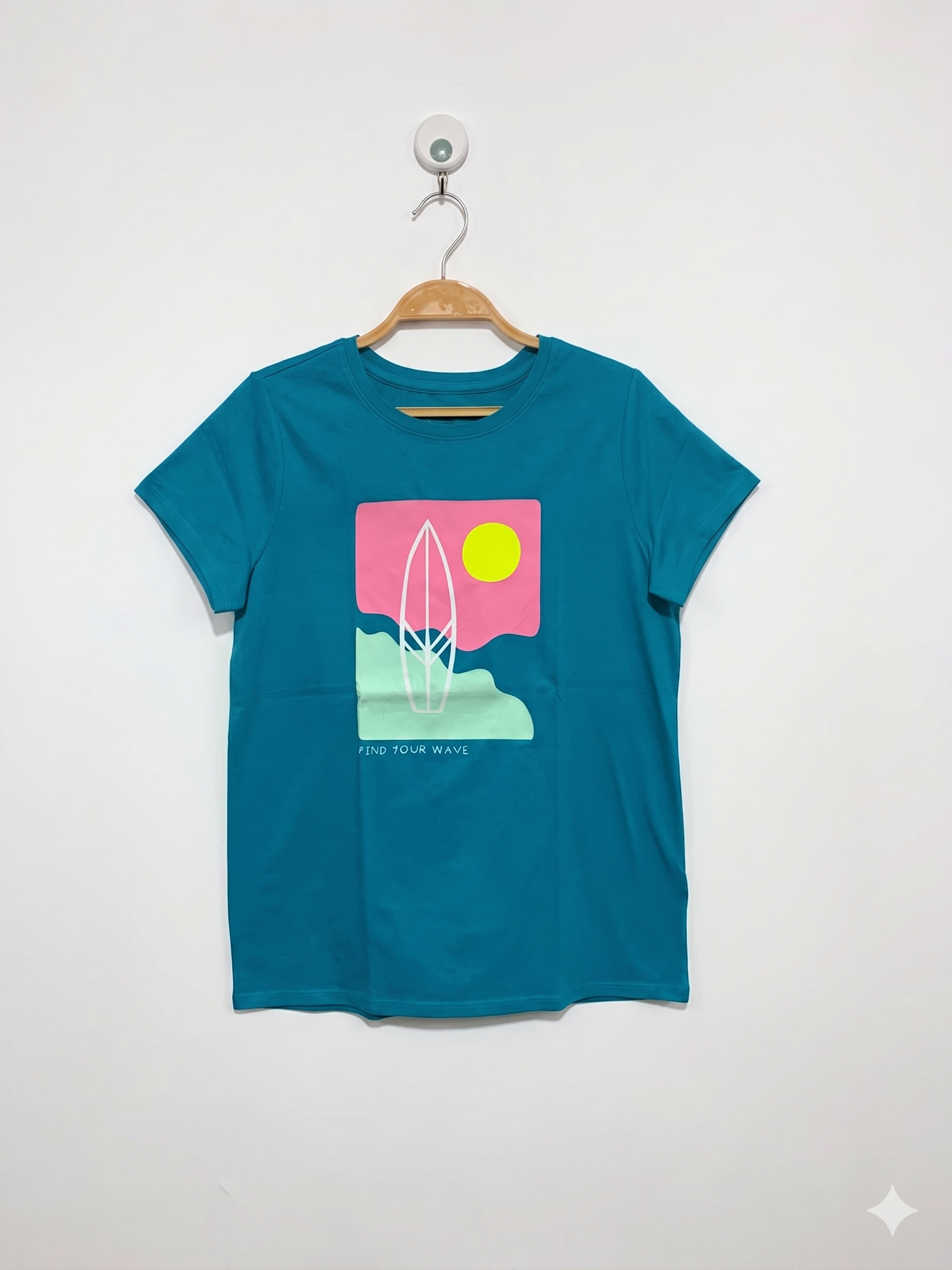Cat & Jack Girls Teal Blue "Find Your Wave" Surfboard Graphic Tee - Size XL (14) Estimated Age 13-14 Years AB1