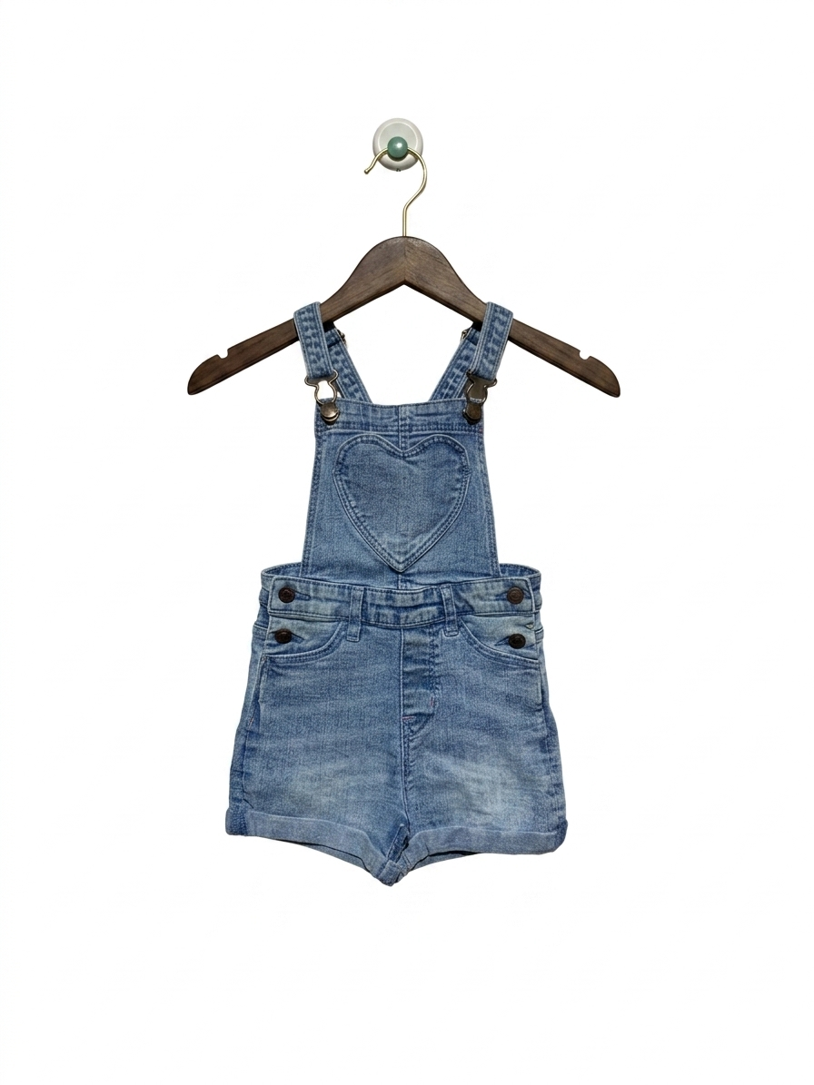 M&Co Girls' Heart Pocket Denim Short Dungarees - Size 4-5 Years AB1