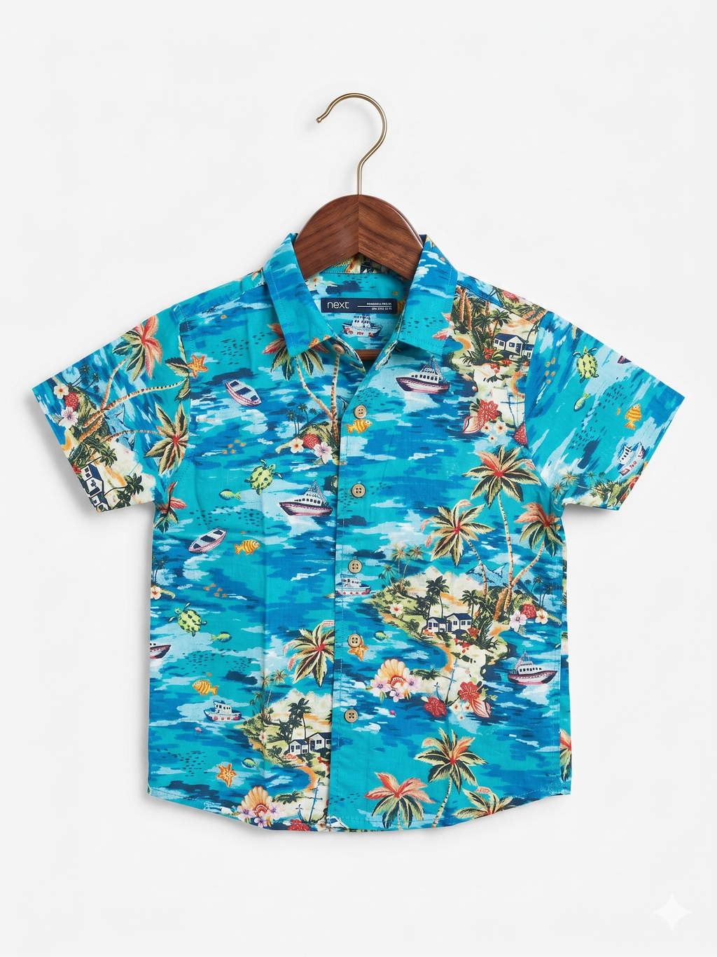NEXT Toddler Boys' Teal Tropical Island Print Hawaiian Shirt - Size 2-3 Years AB1