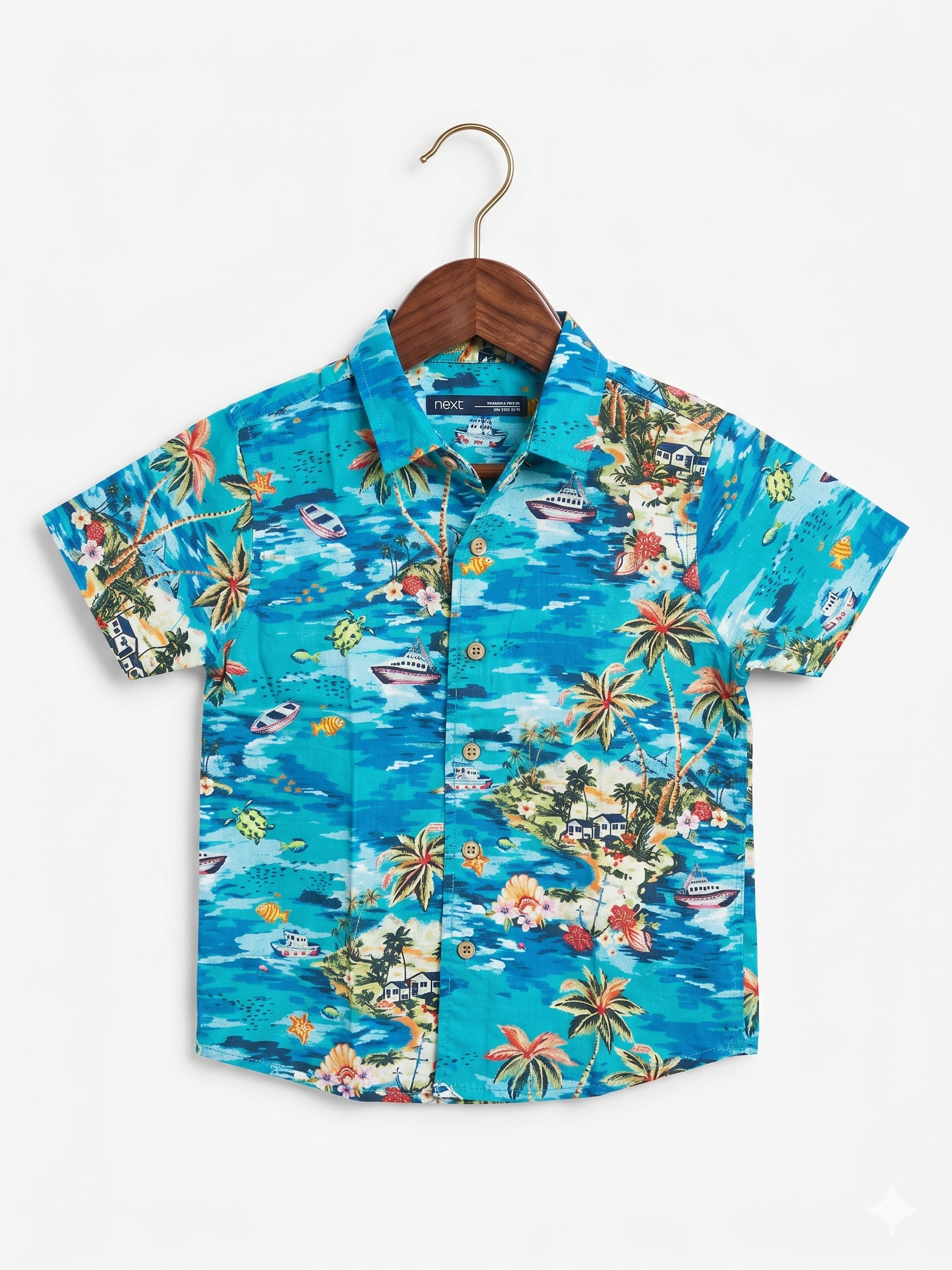 NEXT Toddler Boys' Teal Tropical Island Print Hawaiian Shirt - Size 2-3 Years AB1