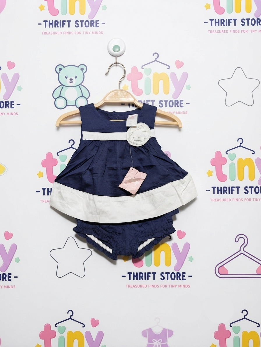 Gymboree Baby Girls Navy Blue & White Floral Applique Dress Set - Size Estimated Age 3-6 Months AB2