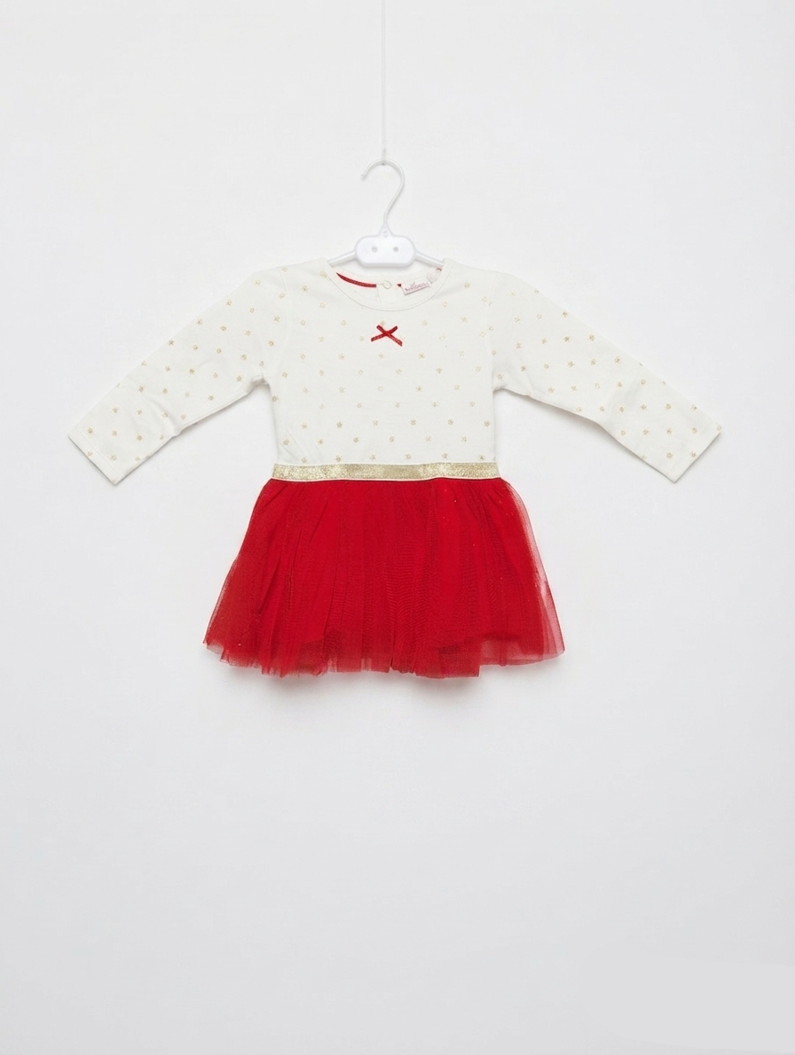 Pommette Girls Off-White & Red Star-Print Long-Sleeve Tulle Dress - Size 24M Estimated Age 1.5-2 Years AB2