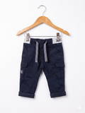 Front view of Baby by Gémo navy blue cargo joggers with grey waistband for 3 months.