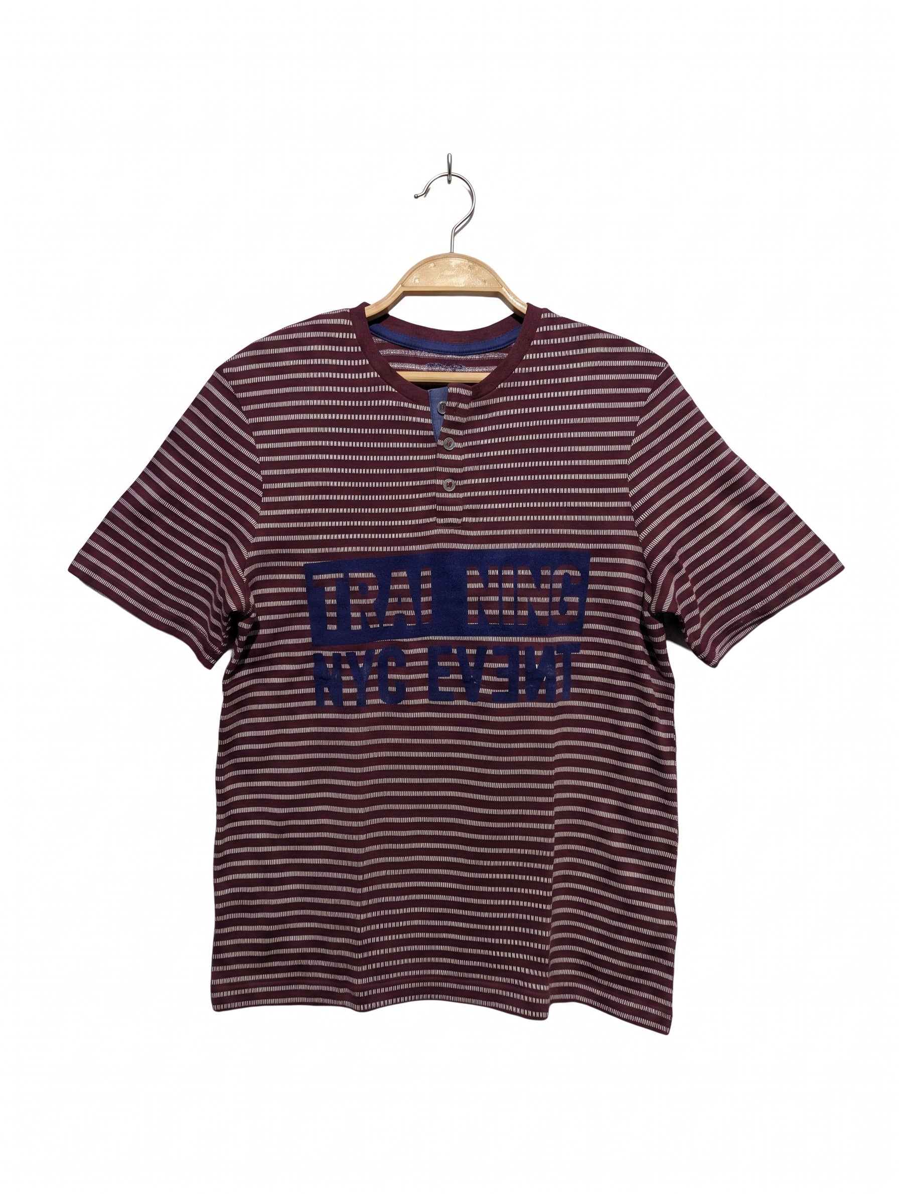 Orchestra Boys Maroon & White Striped "TRAINING NYC EVENT" Henley Short Sleeve Tee - Size Estimated Age 14 Years AB1