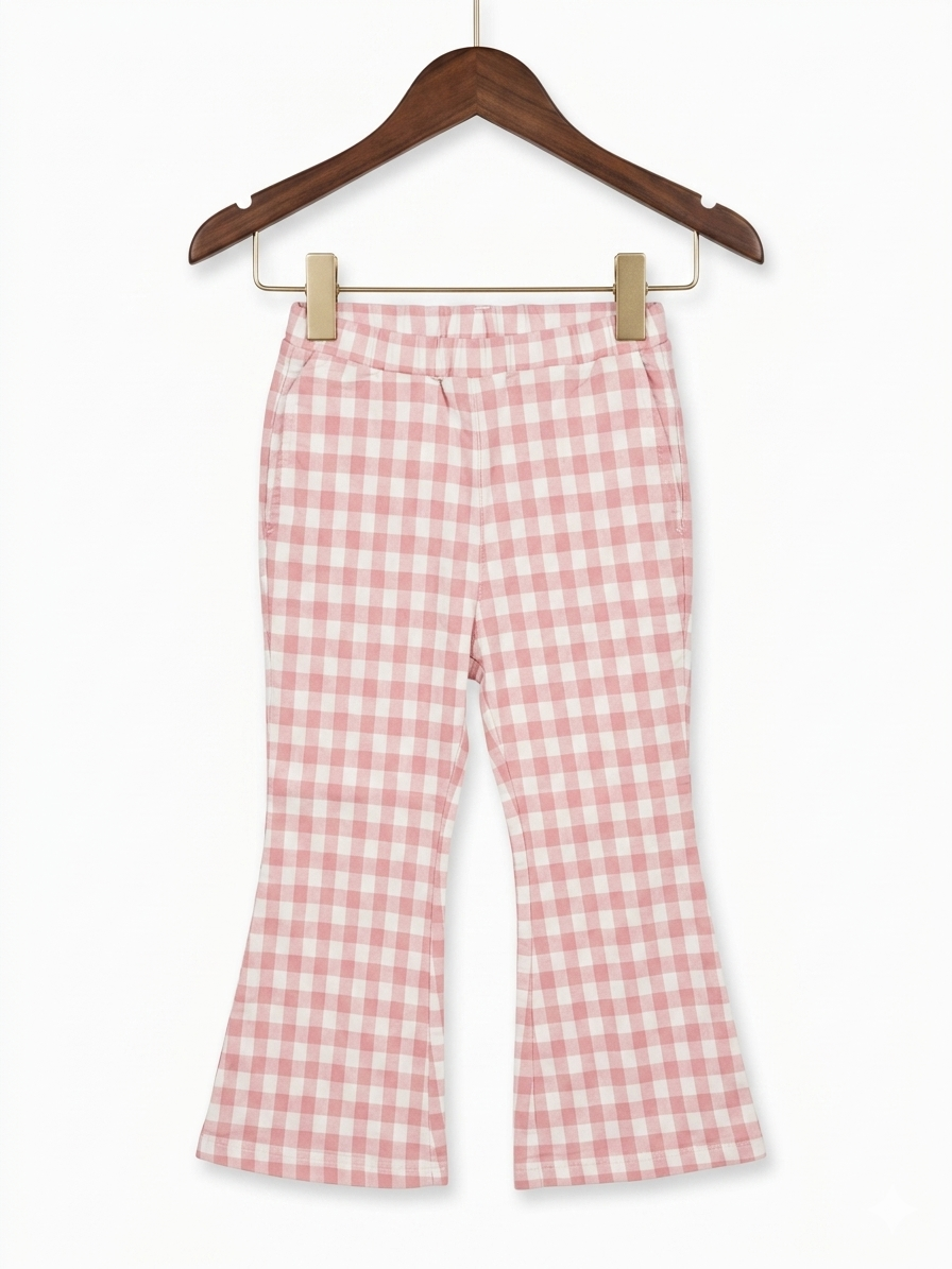 Essential MooMooz Girls' Pink Gingham Flare Pants - Size 6-7 Years AB1