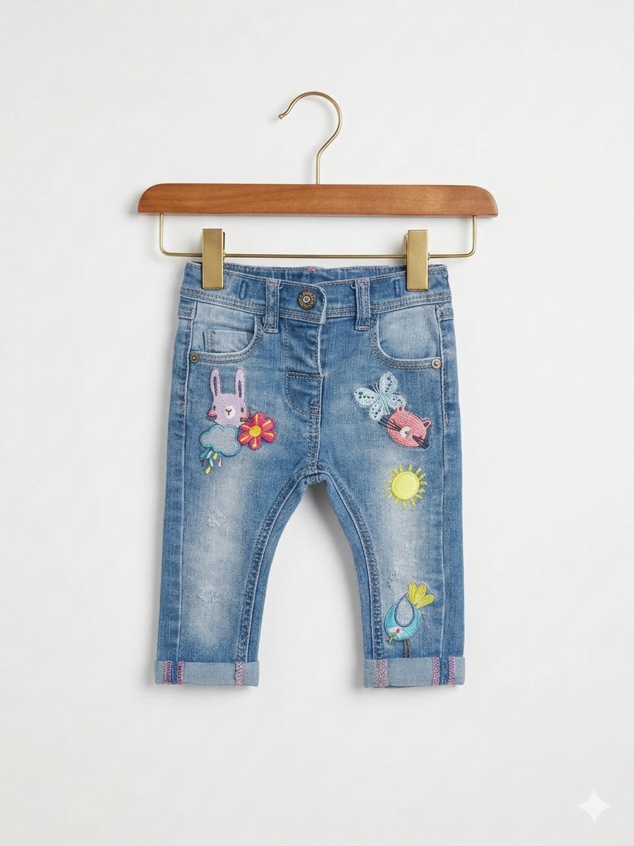 A pair of Next brand baby girl denim jeans featuring various embroidered patches like a bunny, cat, and sun on the front. The back view shows a purple butterfly patch on the pocket. The jeans are displayed on a white hanger against the Tiny Thrift Store backdrop.