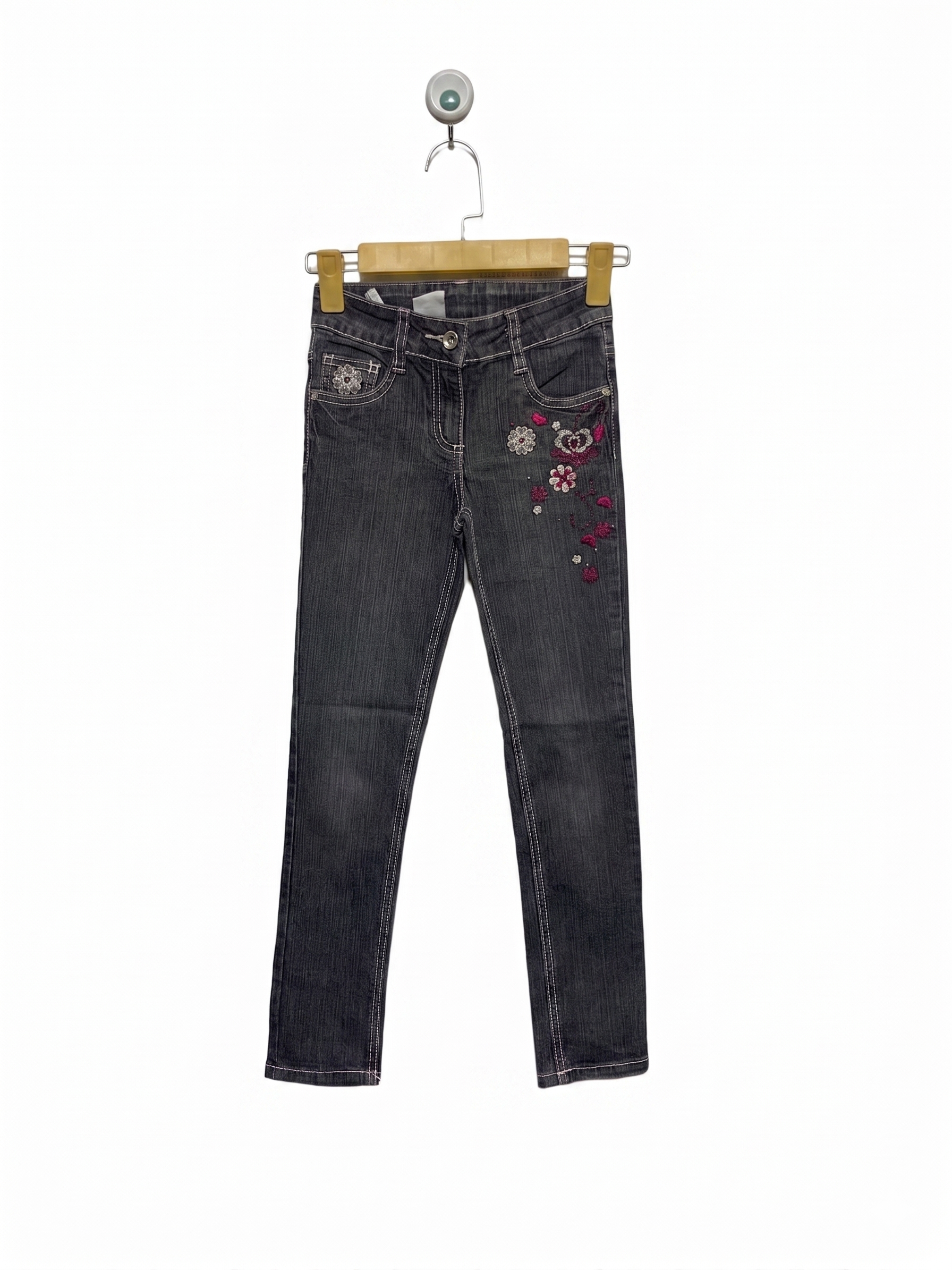 Here + There Girls Charcoal Grey Floral Embroidered "Cool by C&A" Slim Jeans - Size Estimated Age 8-9 Years AB1
