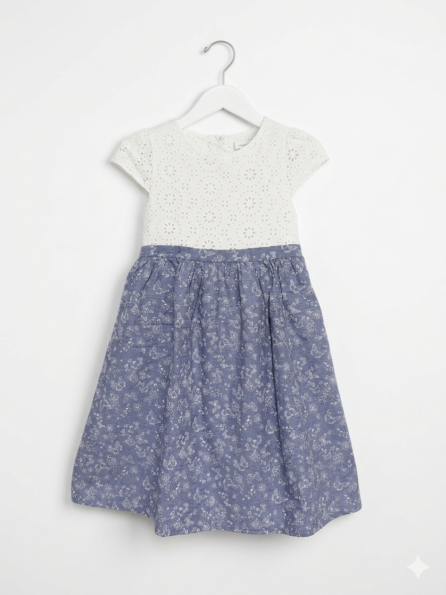 Topolino Girls White Eyelet & Blue Butterfly Cotton Dress - Size Estimated Age 8 Years AB1