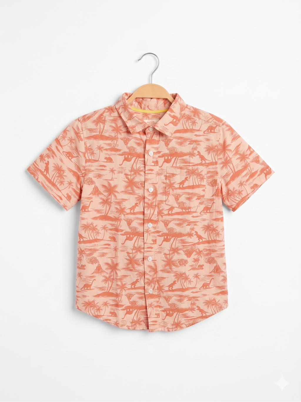 Cat & Jack Boys Peach "Dinosaur Paradise" Tropical Short Sleeve Button-Down Shirt - Size Estimated Age 8-10 Years AB1