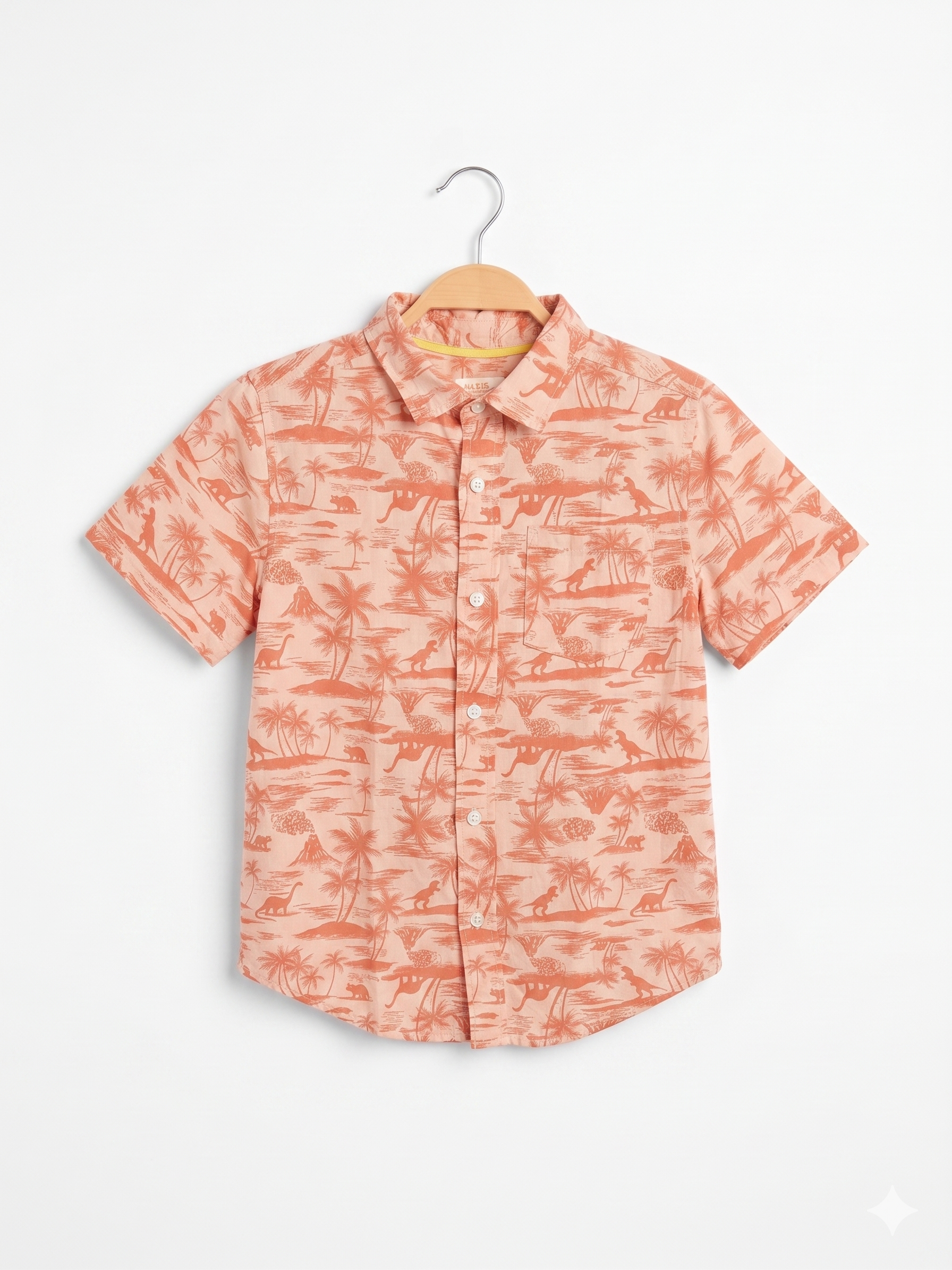 Cat & Jack Boys Peach "Dinosaur Paradise" Tropical Short Sleeve Button-Down Shirt - Size Estimated Age 8-10 Years AB1