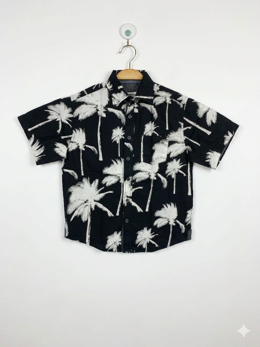 Distortion Boys Black "Monochrome Palms" Tropical Short Sleeve Button-Down - Size 8 AB1