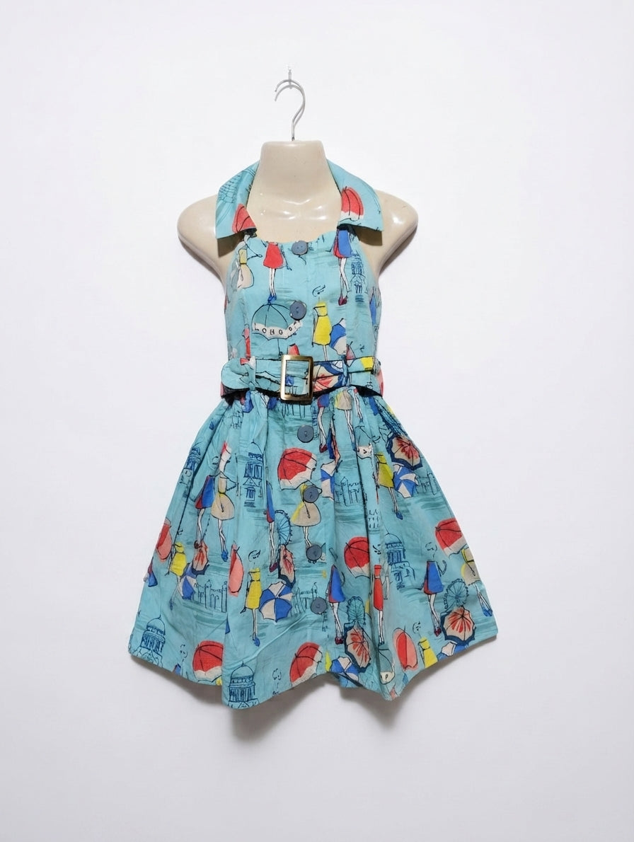 Next Girls Light Blue London Umbrella Print Halter Dress - Size 10 Yrs Estimated Age 9-10 Years AB2