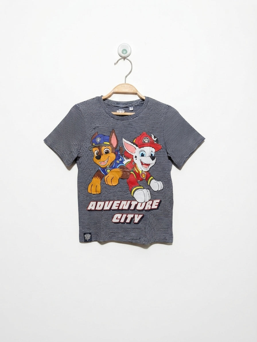 Paw Patrol Boys Navy Blue Striped "Adventure City" Short Sleeve Tee - Size 128 cm Estimated Age 7-8 Years AB2