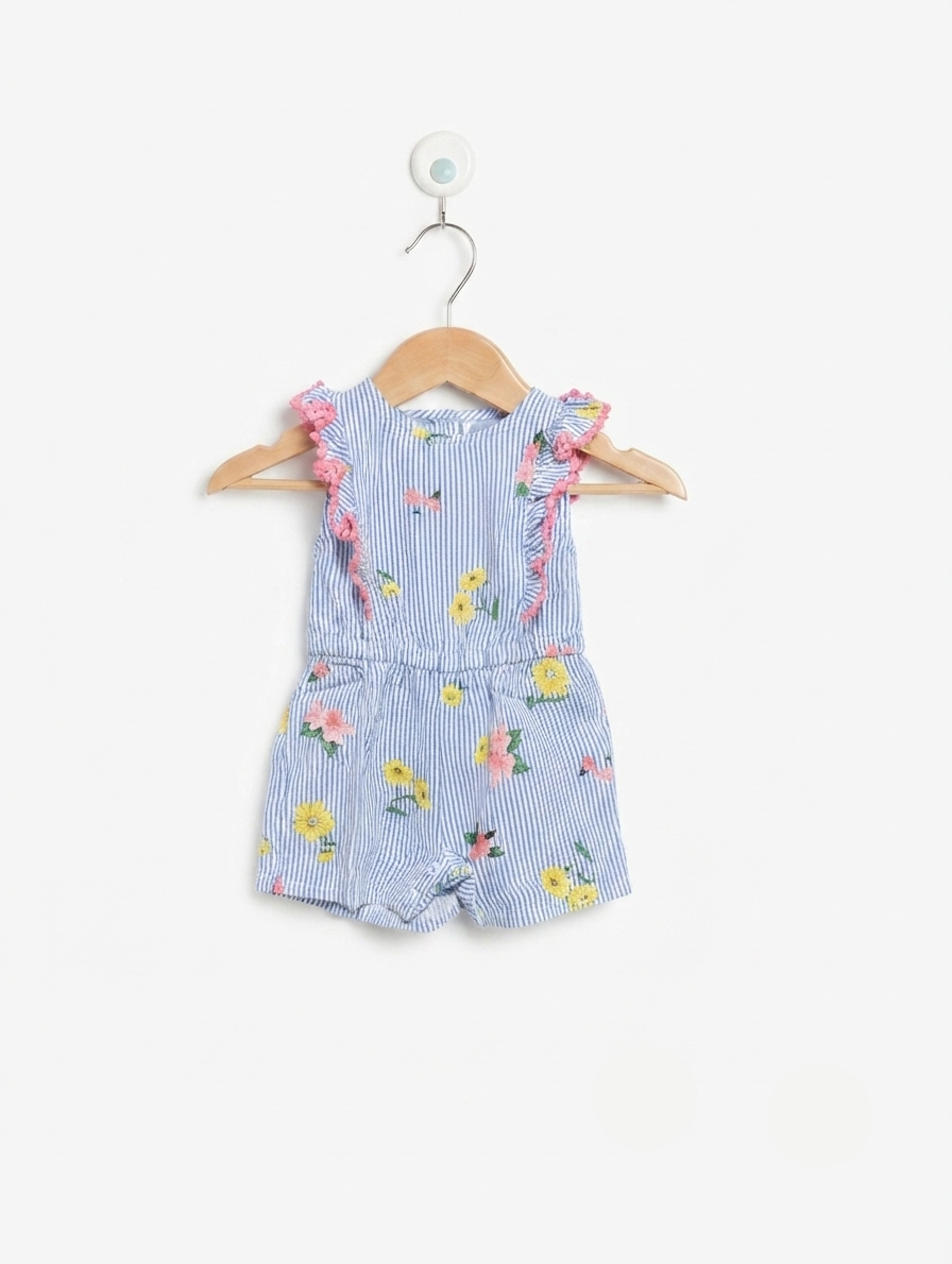 Primark Baby Girls Blue & White Striped Floral Romper - Size 62 CM Estimated Age 0-3 Months AB2