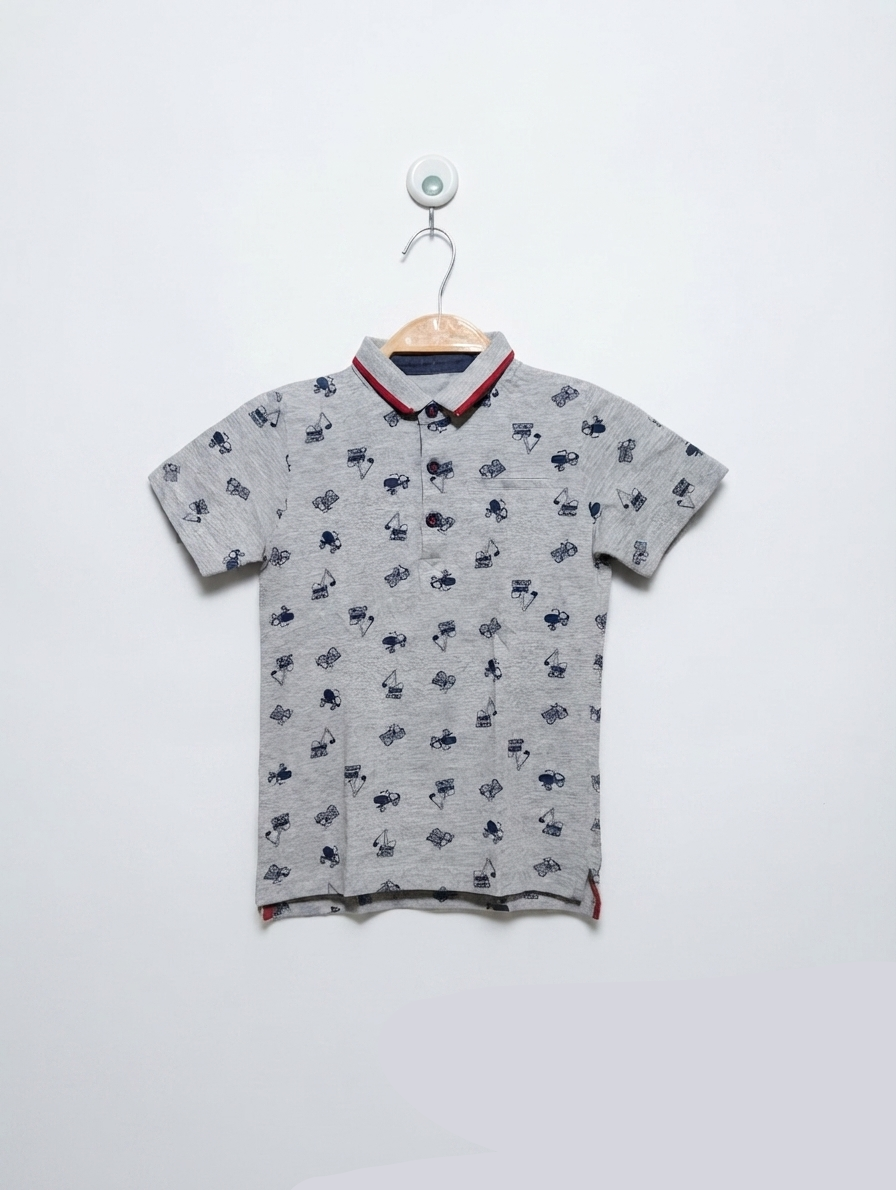 Matalan Boys Heather Grey "Construction Vehicles" Polo Shirt - Size 116 CM (Estimated Age 5-6 Years) AB2