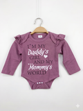 Goodwill baby clothes, purple baby onesie, Daddy's girl Mommy's world bodysuit, newborn long sleeve romper, ruffle shoulder baby top, thrifted infant clothing, 0-3 months baby girl.