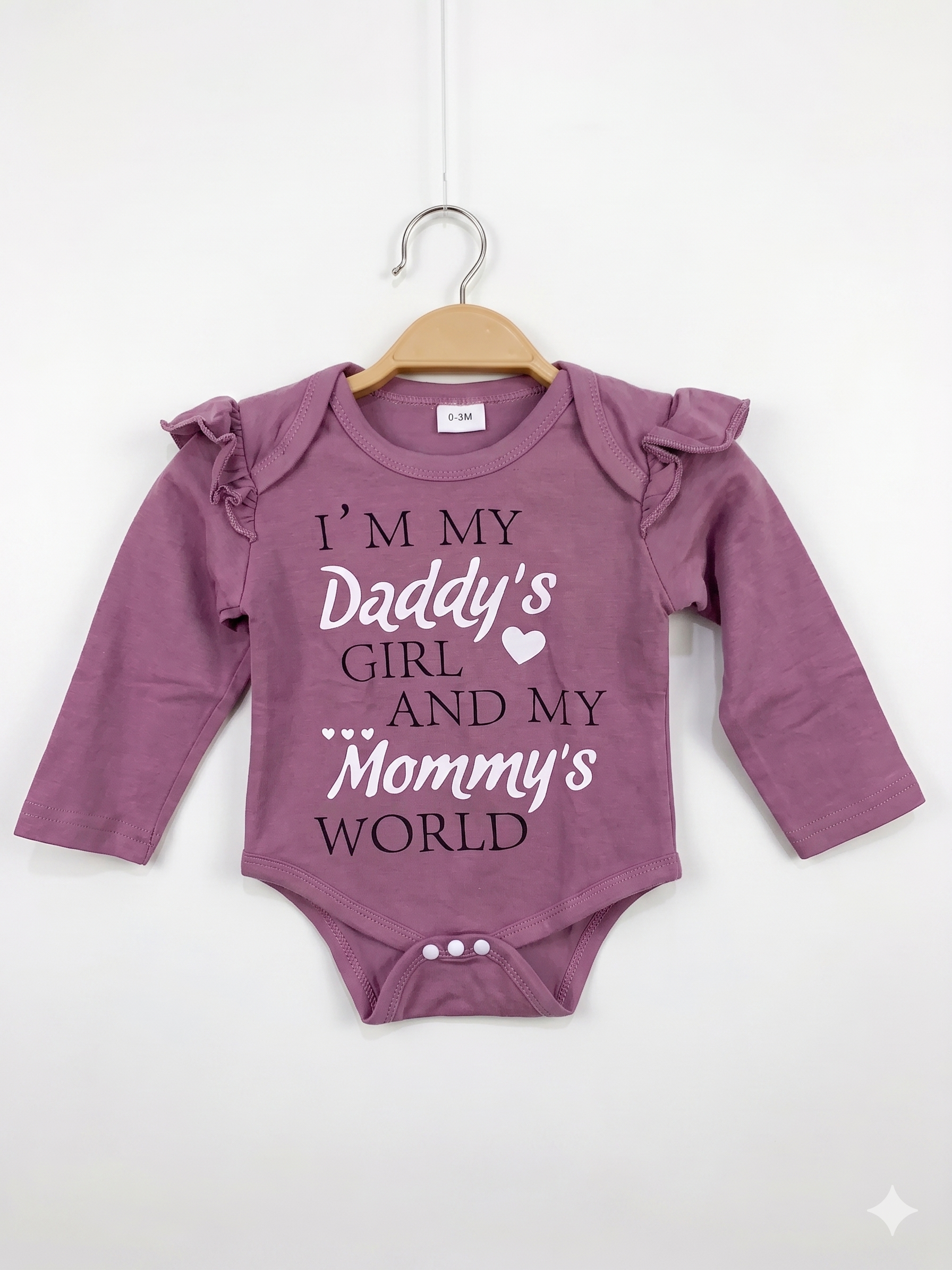 Goodwill baby clothes, purple baby onesie, Daddy's girl Mommy's world bodysuit, newborn long sleeve romper, ruffle shoulder baby top, thrifted infant clothing, 0-3 months baby girl.