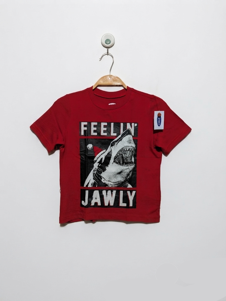 Old Navy Boys Red "Feelin' Jawly" Christmas Shark Graphic Tee - Size XS (Estimated Age 5 Years) AB2