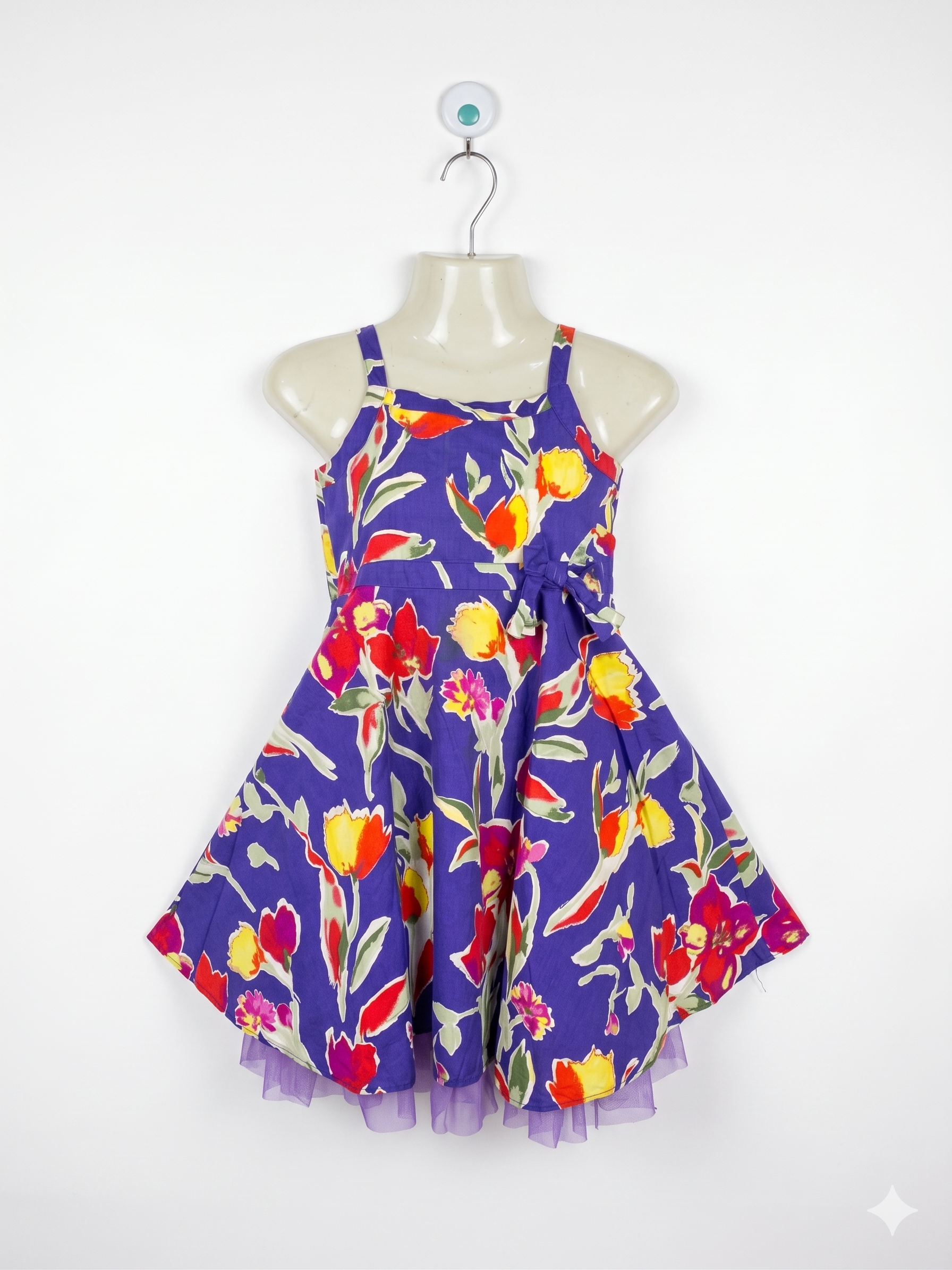 Sweet Millie Girls Purple Floral Sundress with Pink Tulle Trim - Size Estimated Age 6 Years AB1