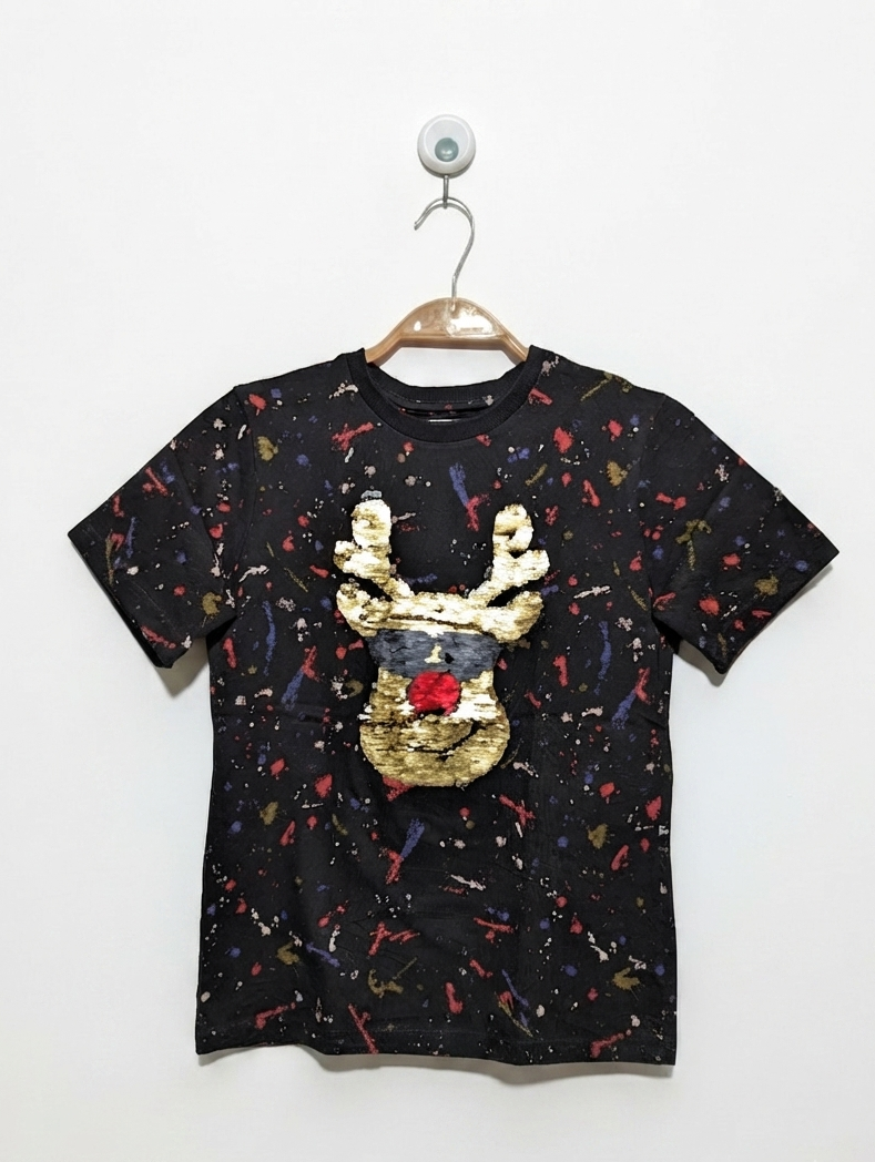 Next Boys Black Paint Splatter "Reindeer Sequin" Tee - Size 8 Years Estimated Age 8 Years AB2