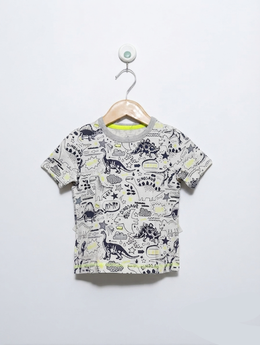 Mothercare Boys Off-White & Black Prehistoric Dinosaur Comic Print T-Shirt - Size Estimated Age 18-24M AB2