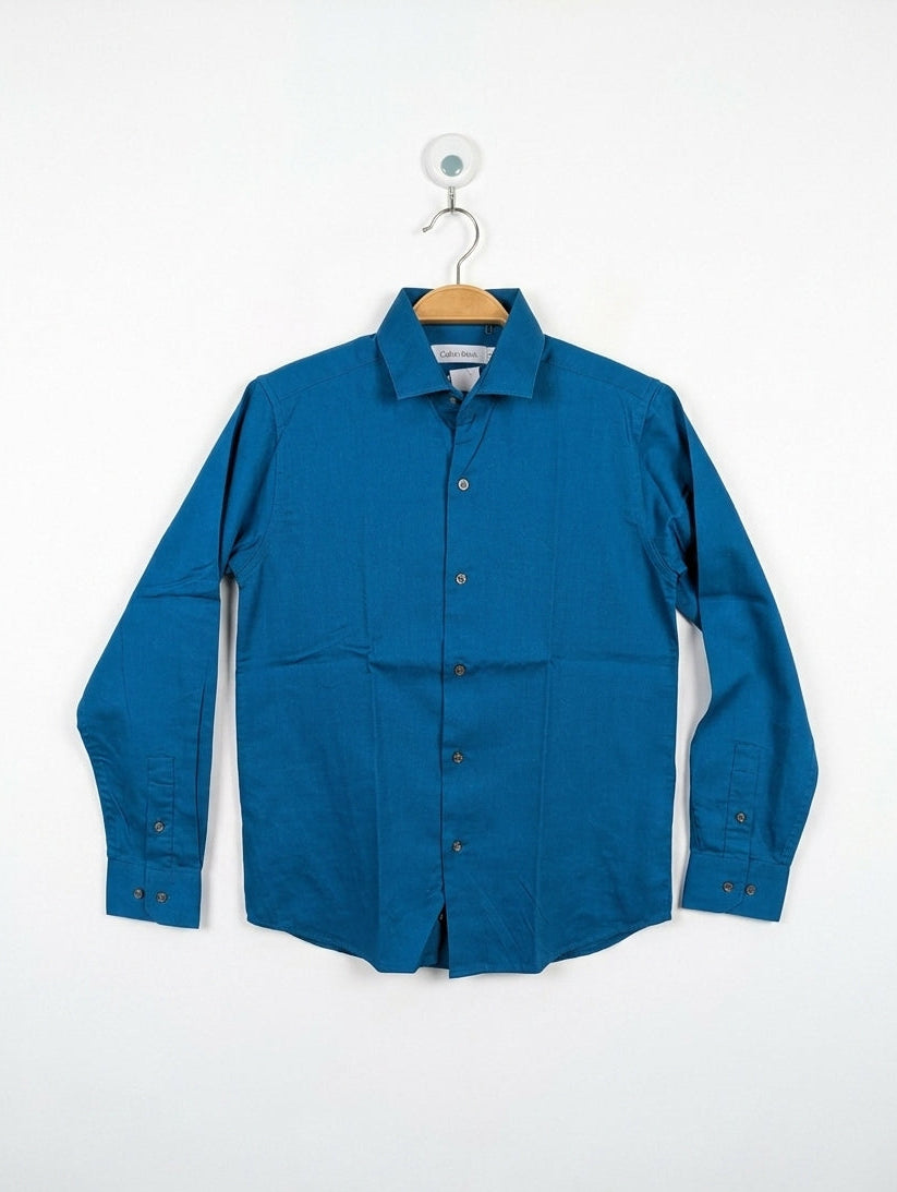 Calvin Klein Boys Vibrant Teal Sateen Button-Down Shirt - Size 12 Estimated Age 10-12 Years AB2