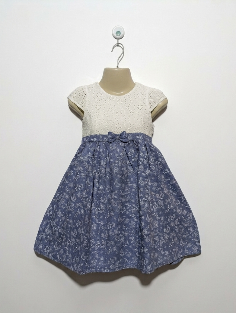 Topolino Girls White Eyelet and Blue Floral Dress - Size 116 Estimated Age 5-6 Years AB2