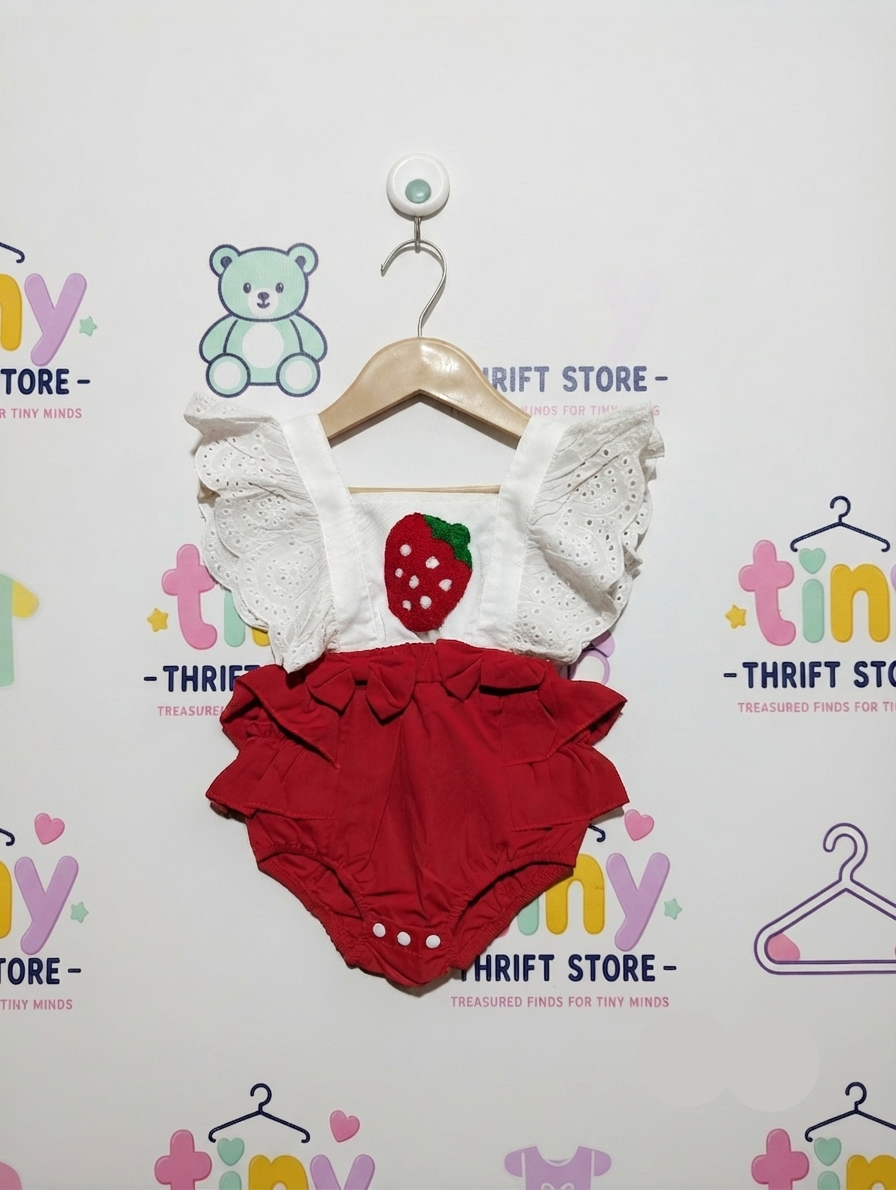 Unbranded Baby Girls White & Red Strawberry Ruffle Romper - Size Estimated Age 6-9 Months AB2