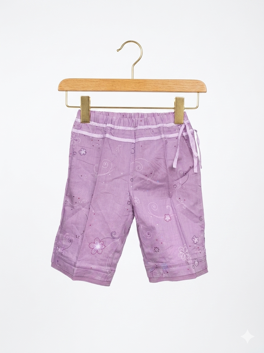 Mexx baby clothes, lilac baby trousers, infant floral pants, 0-2 months baby girl clothes, designer baby thrift, cotton baby leggings, purple infant bottoms, Tiny Thrift Store inventory.