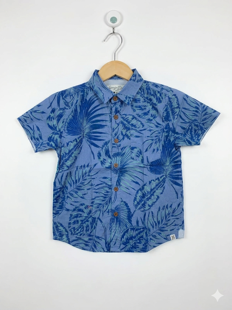 Sovereign Code Boys Blue "Tropical Palm Leaf" Short Sleeve Button-Down Shirt - Size 5 AB1