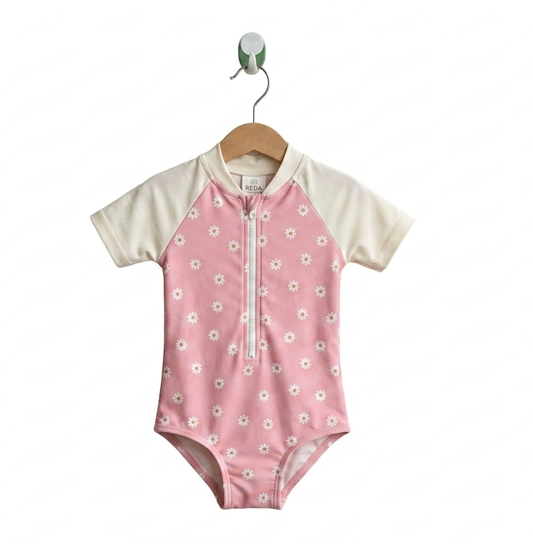 Lupilu Girls Pink Daisy Print Zip-Up Swimsuit - Size Estimated Age 4-6 Years AB1