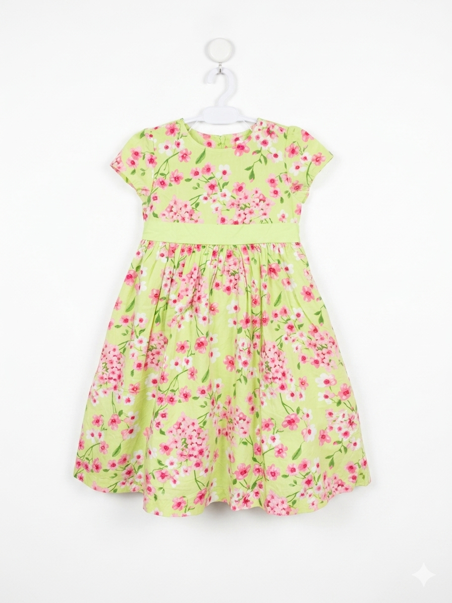 Gymboree Girls Lime Green Pink Floral Cotton Party Dress - Size Estimated Age 8 Years AB1